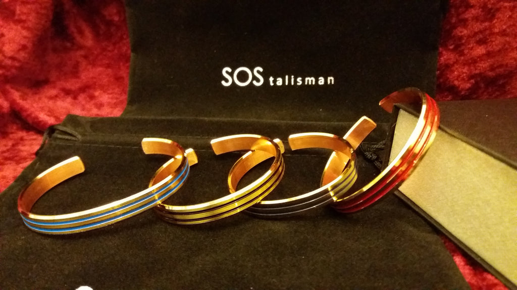 Copper Bangle Gold Plated With Coloured Stripe - Red, Dark Blue, Light Blue And Black
